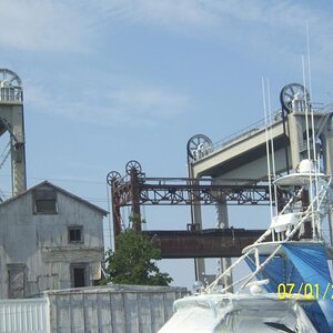 Delcambre, LA drawbridges.  The larger one is still in use, the smaller one was for the railroad and is no longer used.